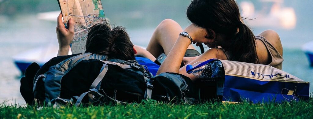 Young lovers resting while traveling